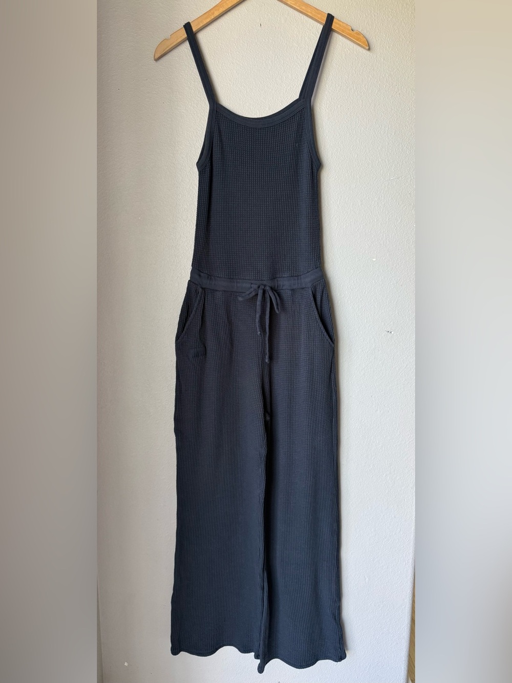 Set Active Navy Blue Waffle Knit Jumpsuit Drawstring Waist Women’s Size XS